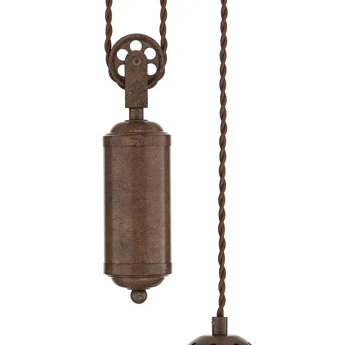 Lindby Pendelleuchte Louisanne - braun / rost, braun, klar, satiniert, E27 - Pendelleuchten-Komponente aus gealterter Bronze mit Gegengewicht, Rolle und braunem Textilkabel.