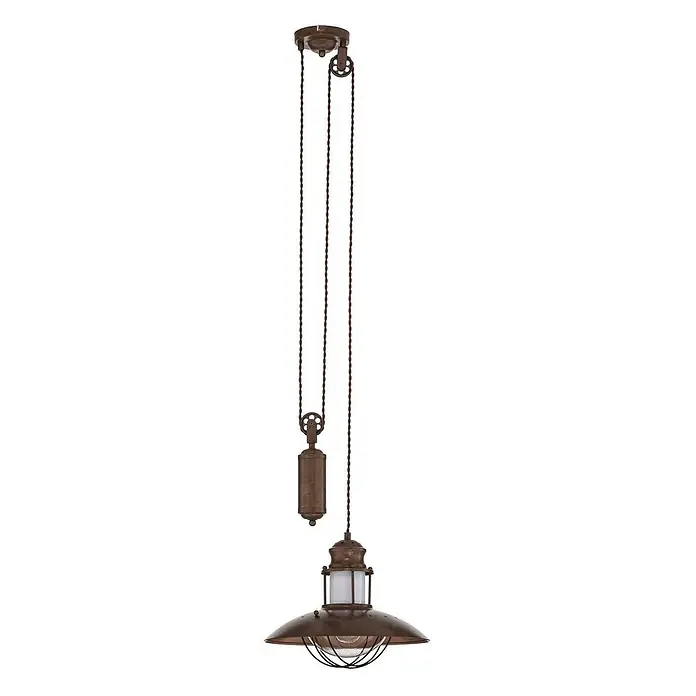 Lindby Pendelleuchte Louisanne - braun / rost, braun, klar, satiniert, E27 - Dunkelbraune Industrie-Pendelleuchte mit verstellbarem Rollensystem, Metallschirm und Glaslaterne.