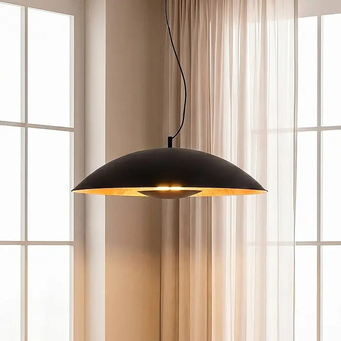 Lindby Pendelleuchte Emilienne - L x B x H: 60 x 60 x 120 cm, schwarz, Schwarz, gold, E27 - Schwarze Hängelampe aus Metall mit goldener Innenseite, spendet warmes Licht.