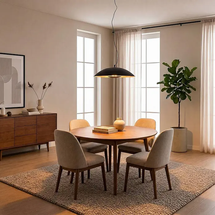 Lindby Pendelleuchte Emilienne - L x B x H: 60 x 60 x 120 cm, schwarz, Schwarz, gold, E27 - Runder Esstisch aus Holz mit vier gepolsterten Stühlen unter einer schwarzen Pendelleuchte, in einem modernen Esszimmer.