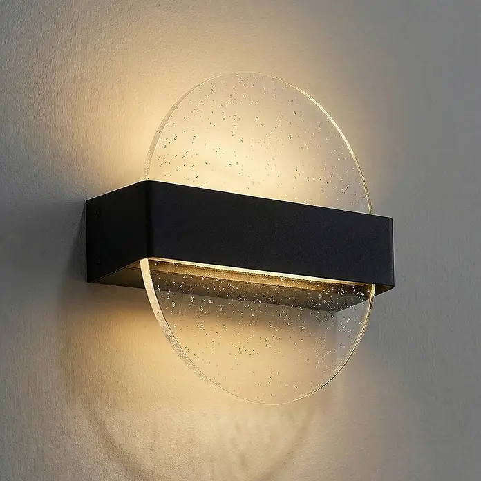 Lucande Außenwandleuchte Narkelo - schwarz, klar / transparent, IP44 - Moderne schwarze Wandleuchte mit rundem, klarem Diffusor im Blasen-Effekt, nach oben und unten leuchtend.