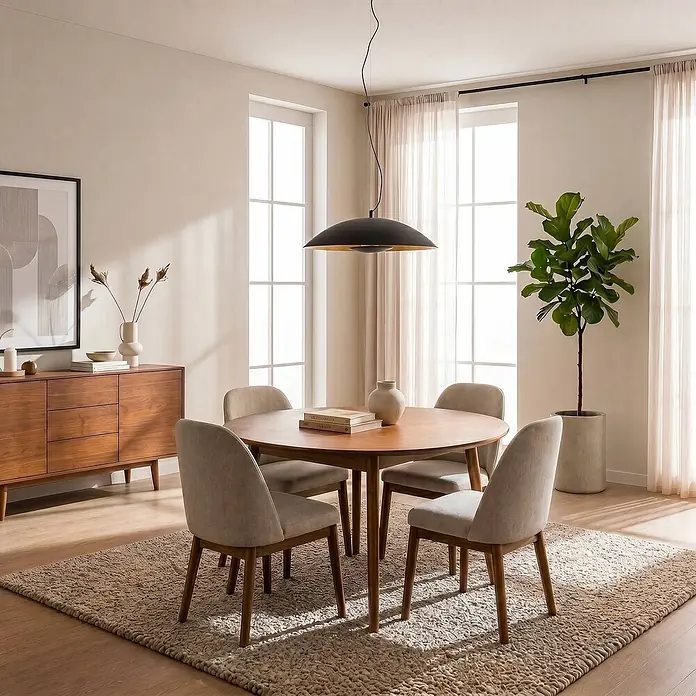 Lindby Pendelleuchte Emilienne - L x B x H: 60 x 60 x 120 cm, schwarz, Schwarz, gold, E27 - Modernes Esszimmer mit rundem Holztisch und vier hellen Stoffstühlen auf einem strukturierten Teppich.
