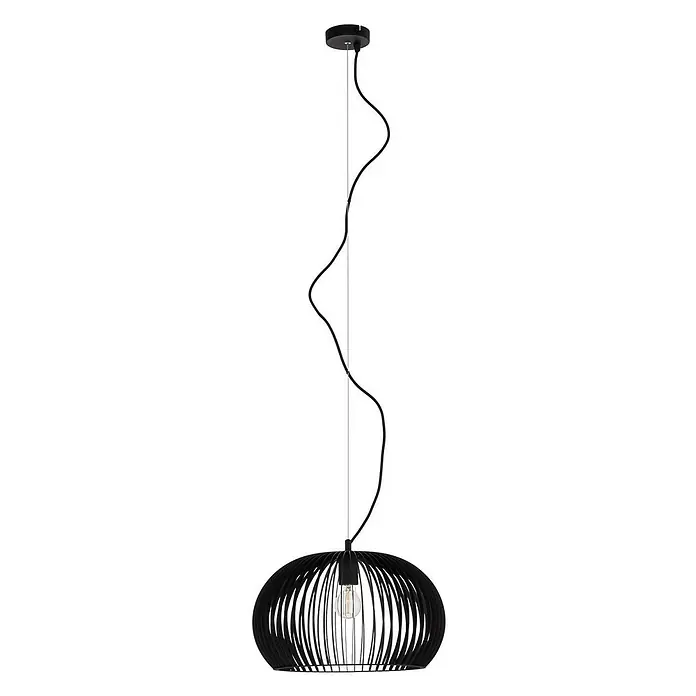 Lindby Pendelleuchte Jusra - schwarz, Schwarz, E27 - Schwarze Pendelleuchte mit Lamellenschirm, sichtbarer Glühbirne und gewelltem Kabel.