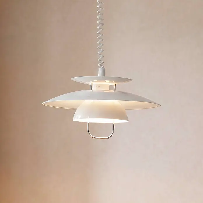 Lindby Pendelleuchte Nadija - L x B x H: 43 x 43 x 22 cm, weiß / opal, weiß, E27 - Weiße Mehrschicht-Pendelleuchte mit Spiralkabel, die Licht aus ihren gestuften Schirmen abgibt.