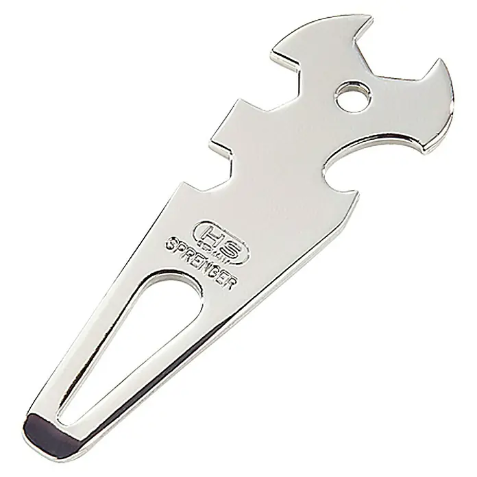 Sprenger Schäkelöffner - Edelstahl, Rostfrei - Nahaufnahme eines glänzenden HS Sprenger Werkzeugs, ideal zum Anpassen von Hundehalsbändern. Präzises Design für einfache Handhabung.
