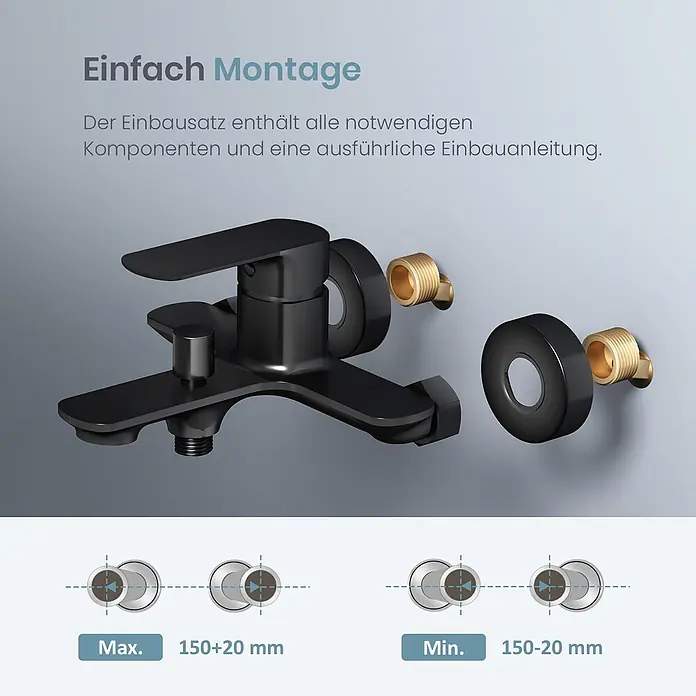 Emke Badewannenarmatur Slimtrim XF27 - Schwarz - Mattschwarze Armatur und Montageteile, mit einstellbarem Montageabstand.