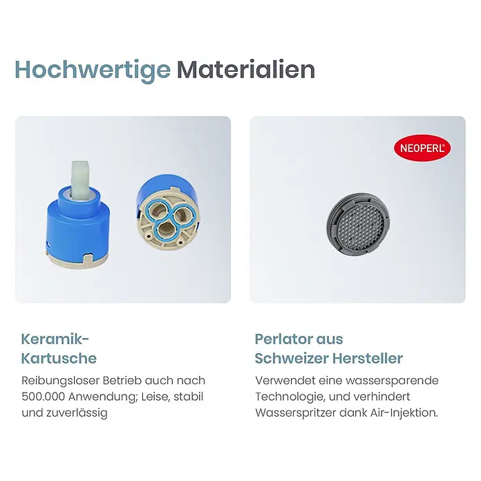 Emke Badewannenarmatur Slimtrim XF27 - Schwarz - Eine blaue Keramikkartusche und ein grauer Neoperl Perlator, wichtige Armaturenkomponenten.