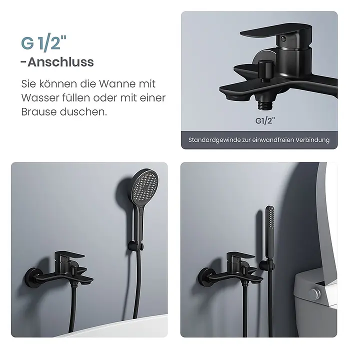 Emke Badewannenarmatur Slimtrim XF27 - Schwarz - Schwarze Wand-Badewannenarmatur mit G 1/2"-Anschluss und Handbrause zum Wanne füllen und Duschen.