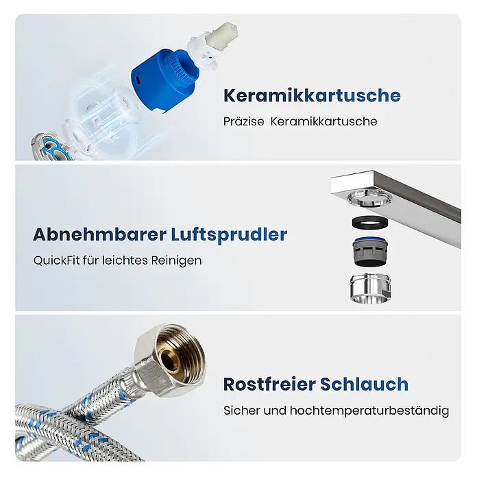 Emke Waschtischarmatur Arcspout XF26 - Chrom - Zerlegte Ansichten einer Keramik-Wasserhahnkartusche, eines abnehmbaren Luftsprudlers und eines geflochtenen Edelstahlschlauchs mit Messinganschluss.