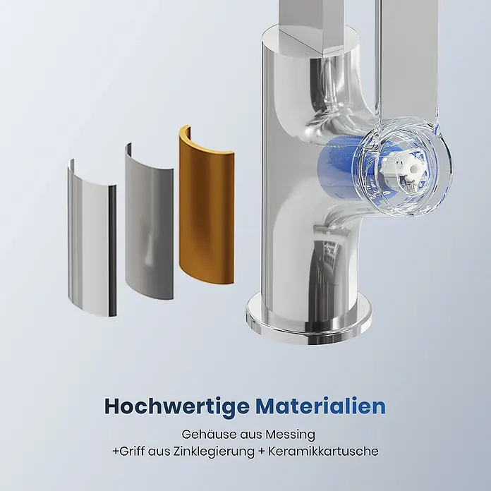Emke Waschtischarmatur F26 - Chrom - Verchromte Armatur zeigt Keramikkartusche. Separate Materialproben: poliertes Chrom, Zinklegierung, Messing.