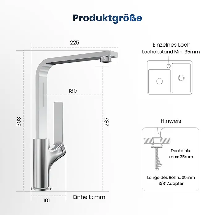 Emke Waschtischarmatur F26 - Chrom - Verchromte Küchenarmatur mit Maßen: H 303mm, Ausladung 225mm. Benötigt Einzelloch (min 35mm), max. 35mm Deckendicke, 3/8" Adapter.