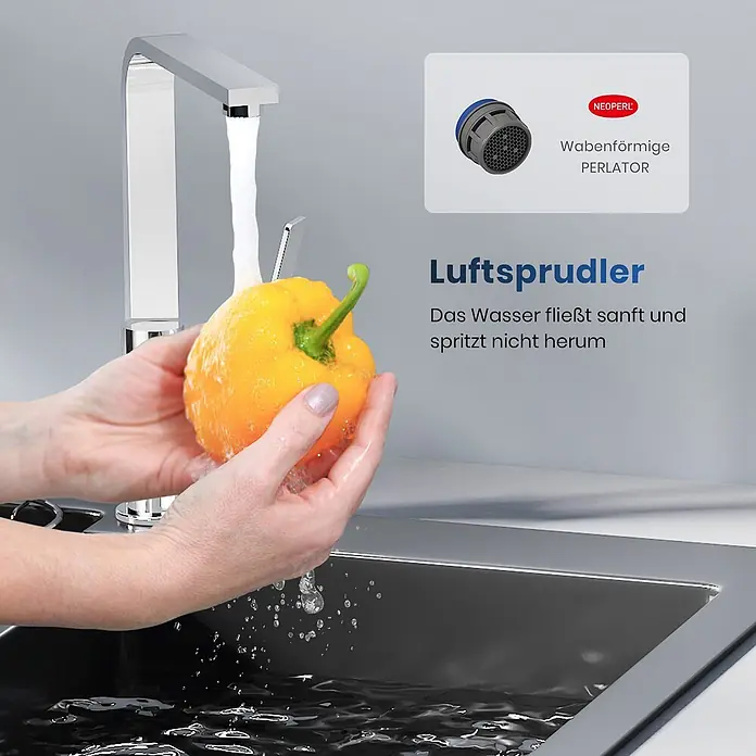 Emke Waschtischarmatur F26 - Chrom - Hand wäscht gelbe Paprika unter Küchenarmatur mit NEOPERL Waben-Perlator für sanften, spritzfreien Wasserstrahl.
