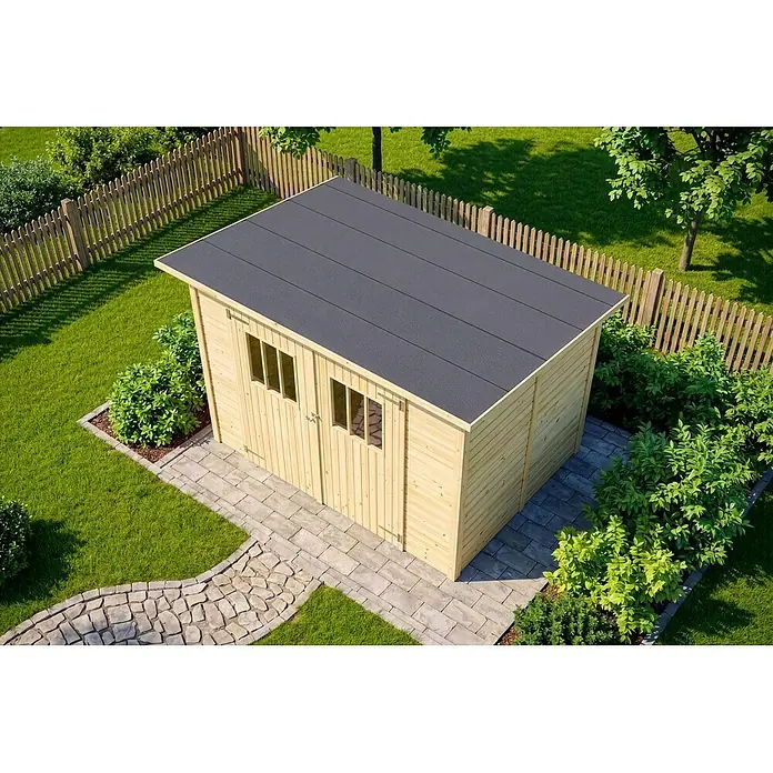 Alpholz Gerätehaus Zimowit - Außenbreite inkl. Dachüberstand: 223 cm, Außentiefe inkl. Dachüberstand: 149 cm, Holz, Naturbelassen - Gartenschuppen aus hellem Holz mit dunklem Dach, auf einer Terrasse im Garten.