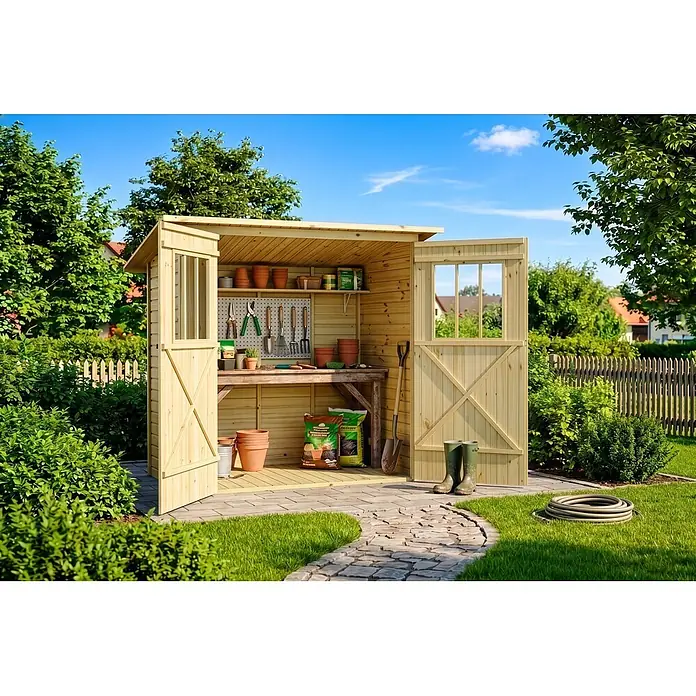 Alpholz Gerätehaus Zimowit - Außenbreite inkl. Dachüberstand: 223 cm, Außentiefe inkl. Dachüberstand: 149 cm, Holz, Naturbelassen - Hölzerner Gartenschuppen mit offenen Türen, ausgestattet mit Gartenwerkzeugen und Töpfen, in einem sonnigen Garten.