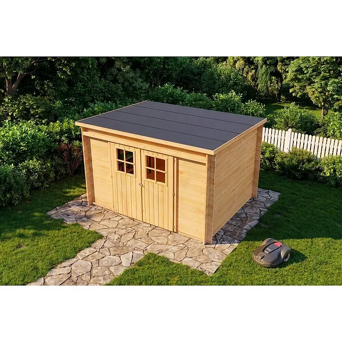 Alpholz Gerätehaus Vera - Außenbreite inkl. Dachüberstand: 325 cm, Außentiefe inkl. Dachüberstand: 235 cm, Holz, Naturbelassen - Natürlicher Holzgartenhaus mit schwarzem Dach, auf einem Steinweg im Garten. Ein Mähroboter steht daneben im Gras.