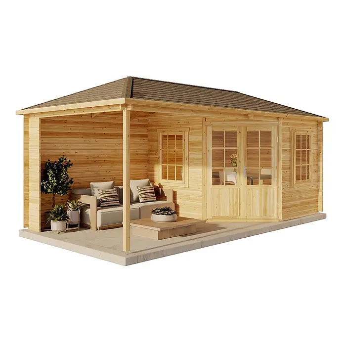 Alpholz Gartenhaus Mosel - Außenmaß inkl. Dachüberstand (B x T): 614 x 317 cm, Holz, Pinie - Gartenhaus aus Holz mit überdachter Terrasse, eingerichtet mit Sitzgelegenheiten und Pflanzen.