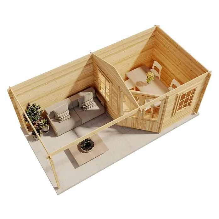 Alpholz Gartenhaus Mosel - Außenmaß inkl. Dachüberstand (B x T): 614 x 317 cm, Holz, Pinie - Hölzerne Gartenhütte mit offenem Terrassenbereich, möbliert mit Sitzgelegenheiten und Essgruppe, auf Betonfundament.