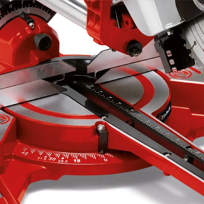 Einhell Kapp- & Gehrungssäge TC-SM 2131/1 Dual - 1.800 W, Durchmesser Sägeblatt: 210 mm, Leerlaufdrehzahl: 4.900 U/min - Rote Kapp- und Gehrungssäge mit silbernem Blattschutz, präziser Winkelskala und drehbarem Sägetisch für genaue Schnitte.