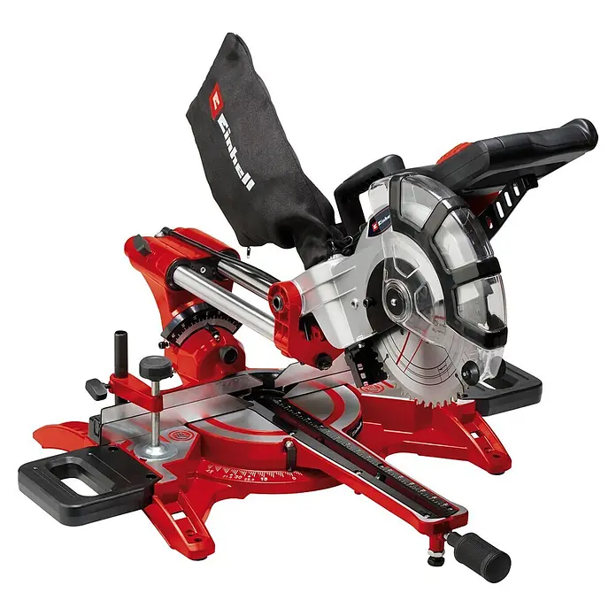 Einhell Kapp- & Gehrungssäge TC-SM 2131/1 Dual - 1.800 W, Durchmesser Sägeblatt: 210 mm, Leerlaufdrehzahl: 4.900 U/min - Rote Kapp- und Gehrungssäge mit silbernem Sägeblatt, transparentem Schutz und schwarzem Staubbeutel für präzise Winkelschnitte.
