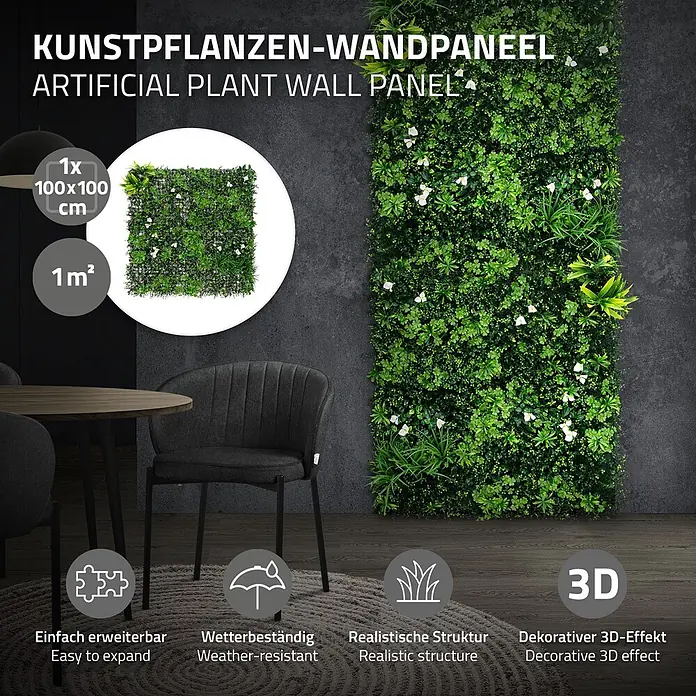 ECD Germany Kunstpflanze 100x100cm Pflegeleichte Sichtschutz-Hecke Pflanzenmatte White Bloom - Höhe: 100 cm, Kunststoff - Grünes Kunstpflanzen-Wandpaneel mit Blättern und weißen Blüten schmückt eine dunkle Innenwand.
