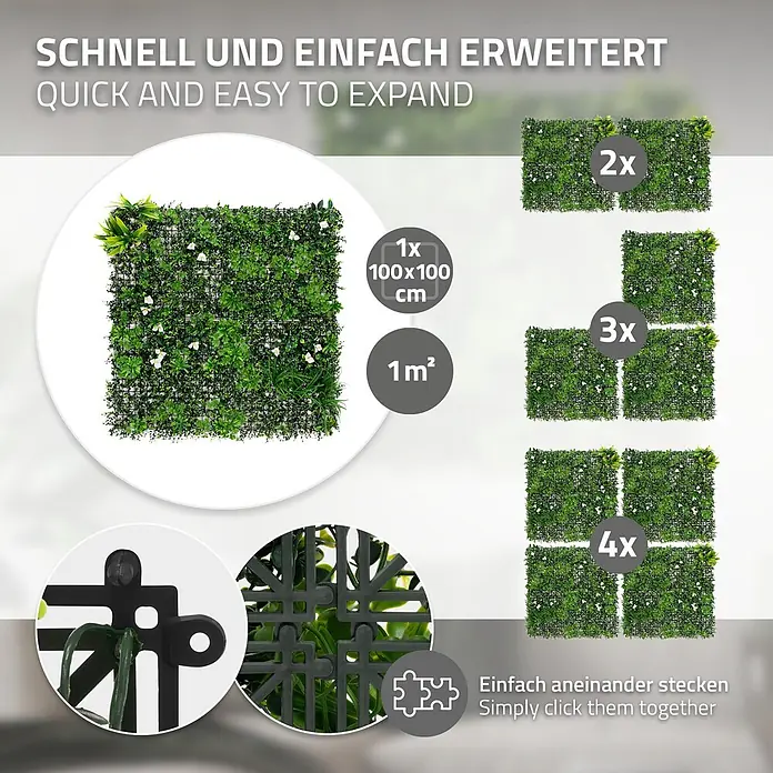 ECD Germany Kunstpflanze 100x100cm Pflegeleichte Sichtschutz-Hecke Pflanzenmatte White Bloom - Höhe: 100 cm, Kunststoff - Erweiterbare grüne Kunstheckenplatten, zeigen einzelne Einheiten, Abmessungen und den Klickmechanismus.