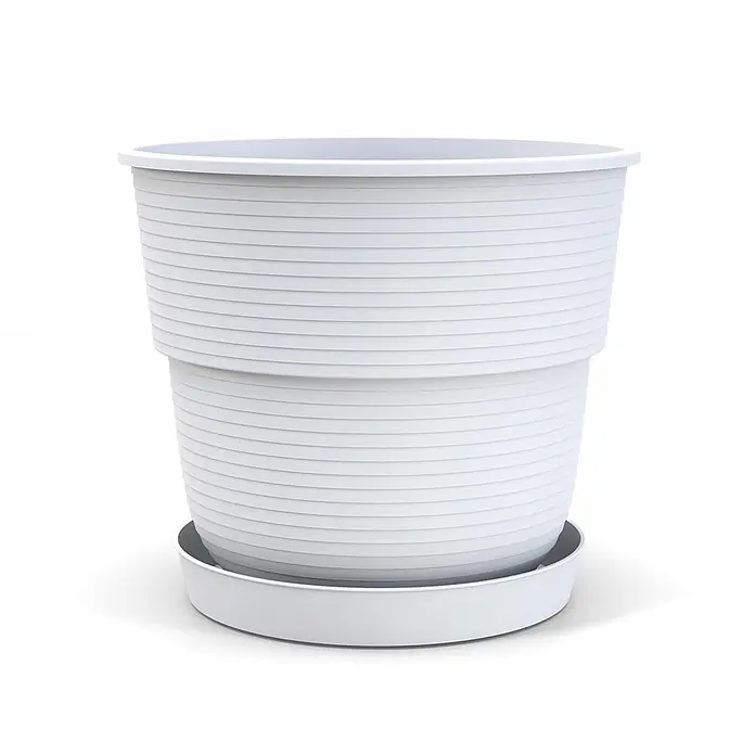 Plastard Pflanztopf Milano 10er Set mit Untersetzer in Weiß – Blumentopf - Außenmaß (Ø x H): 22 x 19 cm, Kunststoff, Weiß - Weißer gerippter Blumentopf mit passendem Untersetzer.