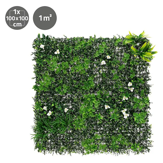 ECD Germany Kunstpflanze 100x100cm Pflegeleichte Sichtschutz-Hecke Pflanzenmatte White Bloom - Höhe: 100 cm, Kunststoff - Künstliche grüne Wandpaneele (100x100cm / 1m²) mit vielfältigem Kunstlaub, weißen Blüten und hellgrünen Akzenten.