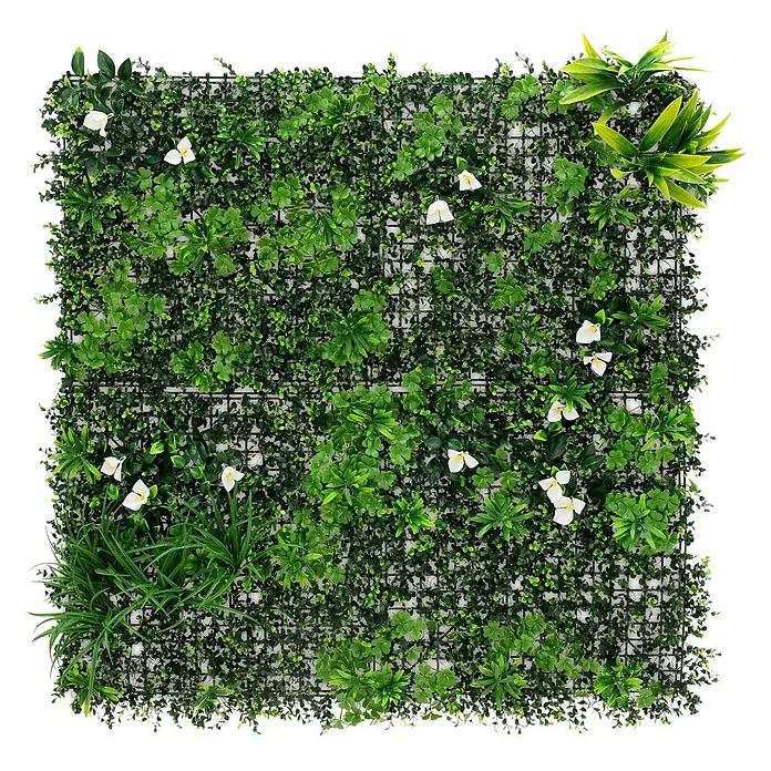 ECD Germany Kunstpflanze 100x100cm Pflegeleichte Sichtschutz-Hecke Pflanzenmatte White Bloom - Höhe: 100 cm, Kunststoff - Quadratische Platte aus künstlichen Grünpflanzen mit vielfältigem Laub und weißen Blüten für einen lebenden Wandeffekt.