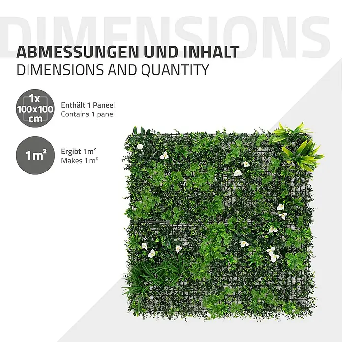 ECD Germany Kunstpflanze 100x100cm Pflegeleichte Sichtschutz-Hecke Pflanzenmatte White Bloom - Höhe: 100 cm, Kunststoff - Grüne künstliche Pflanzenwandplatte mit weißen Blüten auf Gitter, 100x100 cm, deckt 1 m² ab.