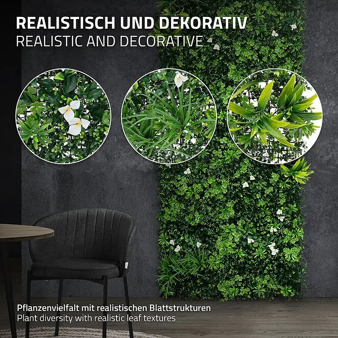 ECD Germany Kunstpflanze 100x100cm Pflegeleichte Sichtschutz-Hecke Pflanzenmatte White Bloom - Höhe: 100 cm, Kunststoff - Künstliche grüne Wandplatte mit vielfältigem Blattwerk und weißen Blüten zur Dekoration.