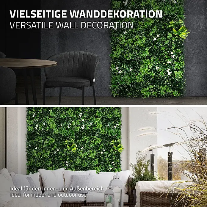 ECD Germany Kunstpflanze 100x100cm Pflegeleichte Sichtschutz-Hecke Pflanzenmatte White Bloom - Höhe: 100 cm, Kunststoff - Vielseitige künstliche grüne Wandpaneele mit verschiedenen Pflanzen und kleinen weißen Blumen, ideal für Innen- und Außendekoration.