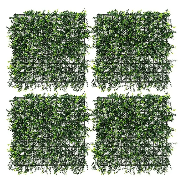 ECD Germany Kunstpflanze 4er Set 50x50 Pflegeleichte Sichtschutz-Hecke Künstliche Pflanzenmatte - Höhe: 100 cm, Kunststoff - Vier quadratische künstliche Heckenpaneele mit grünem Laub auf dunklem Gitter, modular für Wandverkleidungen.