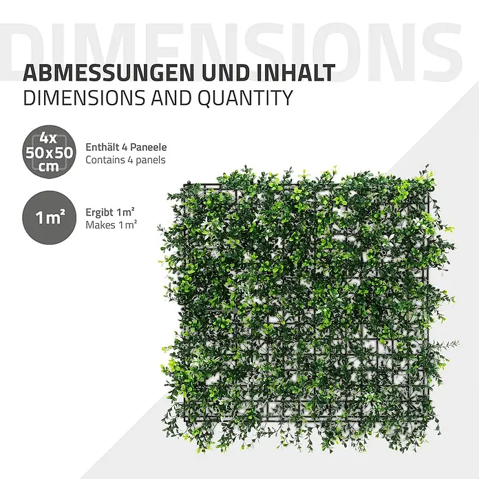 ECD Germany Kunstpflanze 4er Set 50x50 Pflegeleichte Sichtschutz-Hecke Künstliche Pflanzenmatte - Höhe: 100 cm, Kunststoff - Vier künstliche grüne Pflanzenpaneele (je 50x50 cm) auf Gitter, decken 1 Quadratmeter ab.