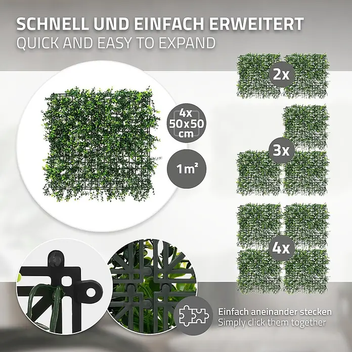 ECD Germany Kunstpflanze 4er Set 50x50 Pflegeleichte Sichtschutz-Hecke Künstliche Pflanzenmatte - Höhe: 100 cm, Kunststoff - Künstliche, grüne Heckenplatten auf schwarzem Gitter, erweiterbar durch einfaches Zusammenstecken.