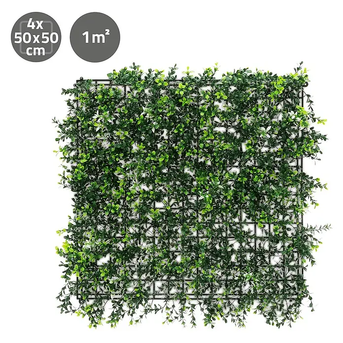 ECD Germany Kunstpflanze 4er Set 50x50 Pflegeleichte Sichtschutz-Hecke Künstliche Pflanzenmatte - Höhe: 100 cm, Kunststoff - Quadratisches künstliches grünes Heckenpaneel-Set auf Gitterbasis, 1m² (4x 50x50cm Platten).