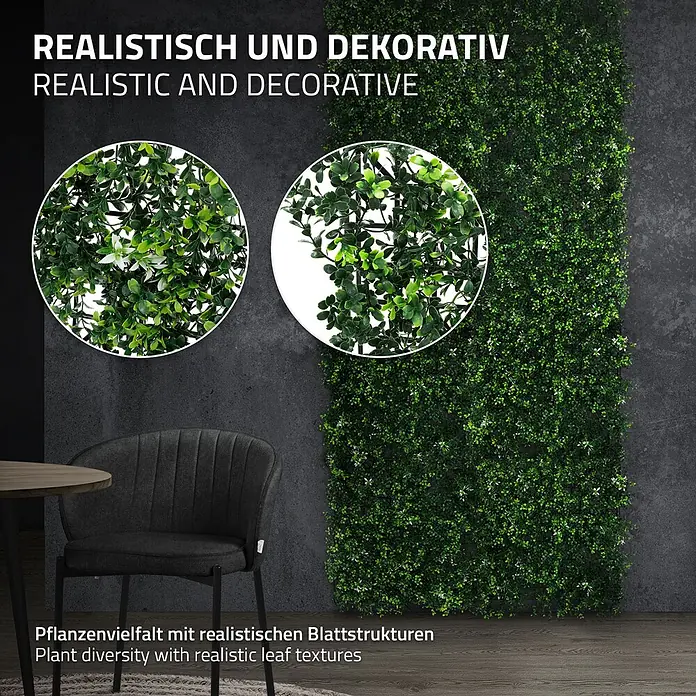 ECD Germany Kunstpflanze 4er Set 50x50 Pflegeleichte Sichtschutz-Hecke Künstliche Pflanzenmatte - Höhe: 100 cm, Kunststoff - Detaillierte Ansicht einer realistischen grünen Kunstpflanzenwand, die einen Raum dekoriert.