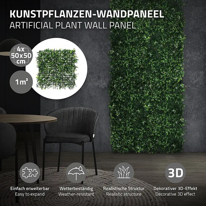 ECD Germany Kunstpflanze 4er Set 50x50 Pflegeleichte Sichtschutz-Hecke Künstliche Pflanzenmatte - Höhe: 100 cm, Kunststoff - Realistische grüne Kunstpflanzen-Wandpaneele (4x 50x50 cm, 1m²) bilden eine dekorative 3D-Blattwand in einem Raum.