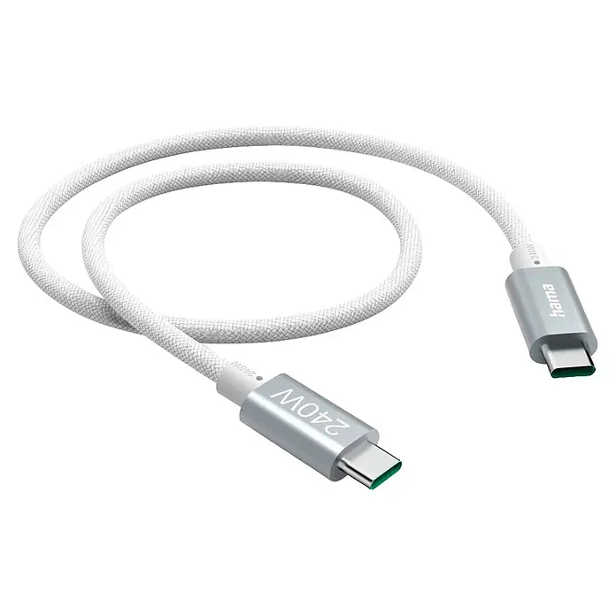 Hama USB-Kabel USB 3.2 Gen1 USB-C Stecker 1.5 m 00201721 - 1,5 m, Weiß - Weißes geflochtenes USB-C-Kabel mit silbernen 240W-Anschlüssen.