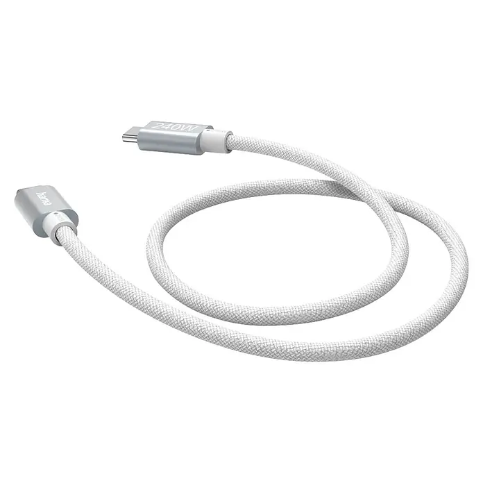 Hama USB-Kabel USB 3.2 Gen1 USB-C Stecker 1.5 m 00201721 - 1,5 m, Weiß - Weißes geflochtenes USB-C Ladekabel mit silbernen Anschlüssen, einer davon mit '240W' beschriftet.