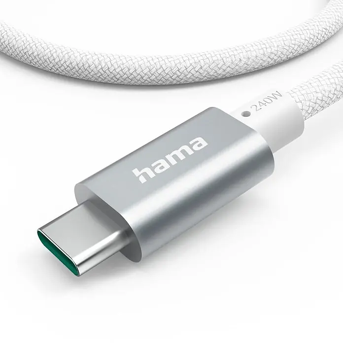 Hama USB-Kabel USB 3.2 Gen1 USB-C Stecker 1.5 m 00201721 - 1,5 m, Weiß - Weißes geflochtenes USB-C-Kabel mit silbernem Stecker, 'hama' Branding und '240W' Leistungsangabe.