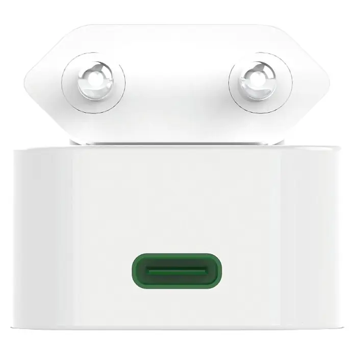 Hama Schnellladegerät 00201954 GaN 1x USB-C faltbares PD 30 W - Weiß - Weißes USB-C Netzteil mit dunkelgrünem Anschluss und zwei Netzsteckern.