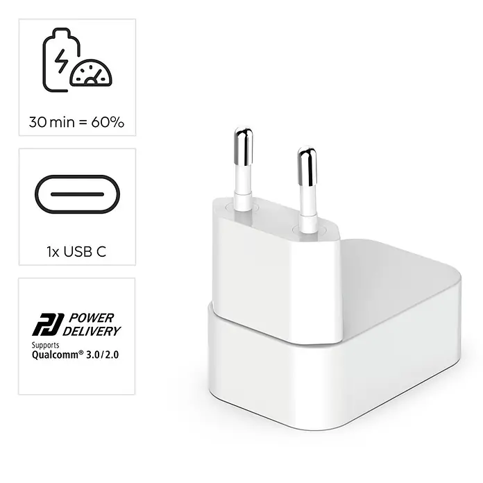 Hama Schnellladegerät 00201954 GaN 1x USB-C faltbares PD 30 W - Weiß - Weißes EU-Stecker-Netzteil mit 1x USB-C-Anschluss, Schnellladefunktion (30 Min. = 60 %) und Power Delivery/Qualcomm Quick Charge.