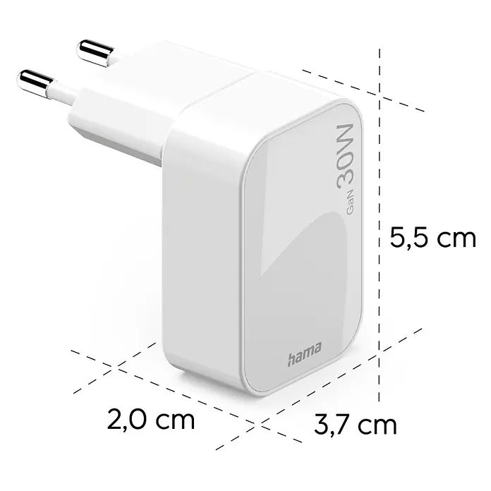 Hama Schnellladegerät 00201954 GaN 1x USB-C faltbares PD 30 W - Weiß - Weißes Hama GaN 30W Netzteil, 5,5 x 3,7 x 2,0 cm.