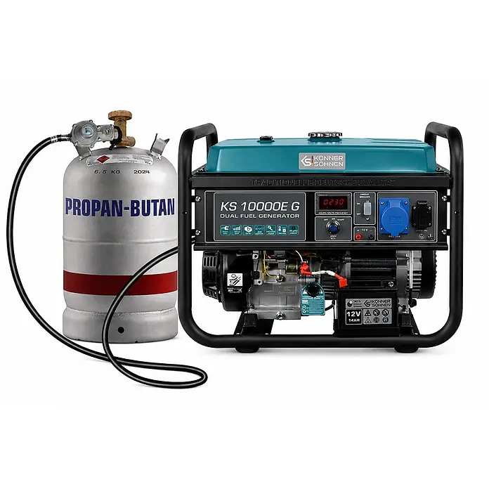 Stürmer Maschinen Stromerzeuger KS10000E G 7,5 kW Benzin/Gas - Nennleistung: 7,5 kW, Tankvolumen: 25 l, Verbrauch: 3,8 l/h - Ein blauer und schwarzer Dual-Fuel-Generator, Modell KS 10000E G, ist über einen schwarzen Schlauch mit einer silbernen Propan-Butan-Gasflasche verbunden.