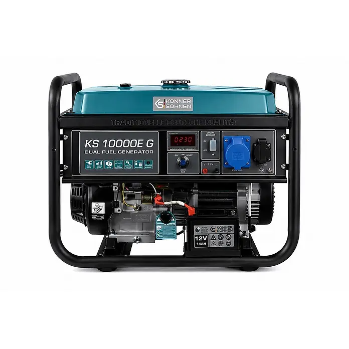 Stürmer Maschinen Stromerzeuger KS10000E G 7,5 kW Benzin/Gas - Nennleistung: 7,5 kW, Tankvolumen: 25 l, Verbrauch: 3,8 l/h - Könner & Söhnen KS 10000E G Dual-Fuel-Generator mit türkisfarbener Oberseite, schwarzem Rahmen und Bedienfeld mit Steckdosen.