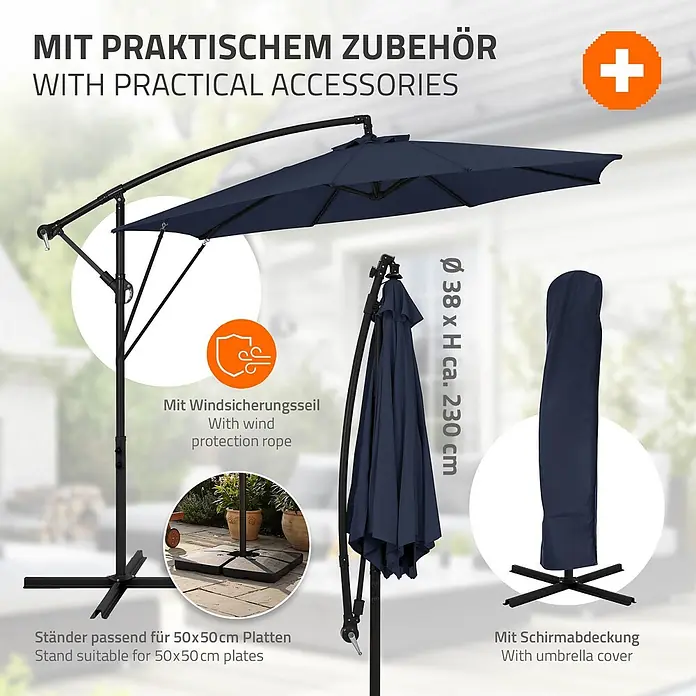 ML-Design Ampelschirm rund Gartenschirm UV50+ Sonnenschutz wasserabweisend 360° drehbar & neigbar - Blau, Durchmesser Bespannung: 300 cm - Dunkelblauer Ampelschirm, offen und zusammengeklappt gezeigt, mit Zubehör wie Ständer und Hülle. Ca. 230 cm hoch.