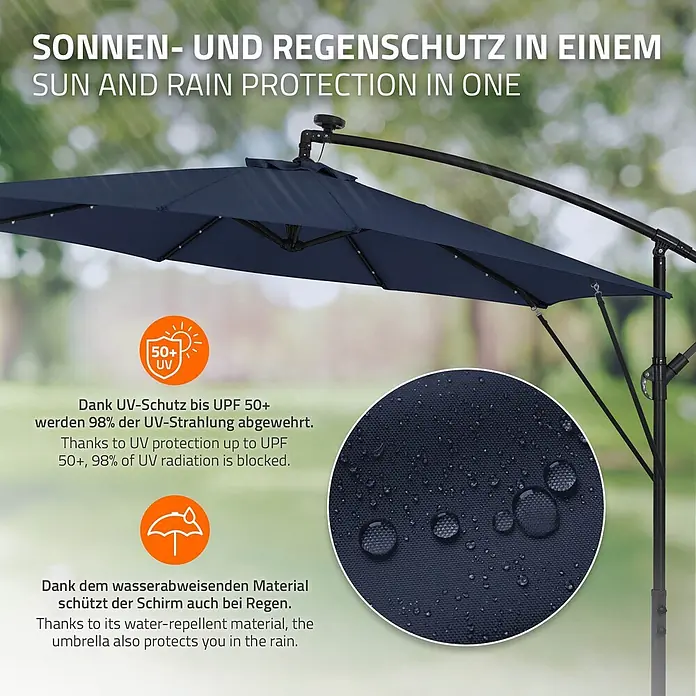 ML-Design Ampelschirm rund Gartenschirm UV50+ Sonnenschutz wasserabweisend 360° drehbar & neigbar - Blau, Durchmesser Bespannung: 300 cm - Dunkelblauer Ampelschirm mit UV 50+ und wasserabweisendem Material für Sonnen- und Regenschutz, draußen gezeigt.
