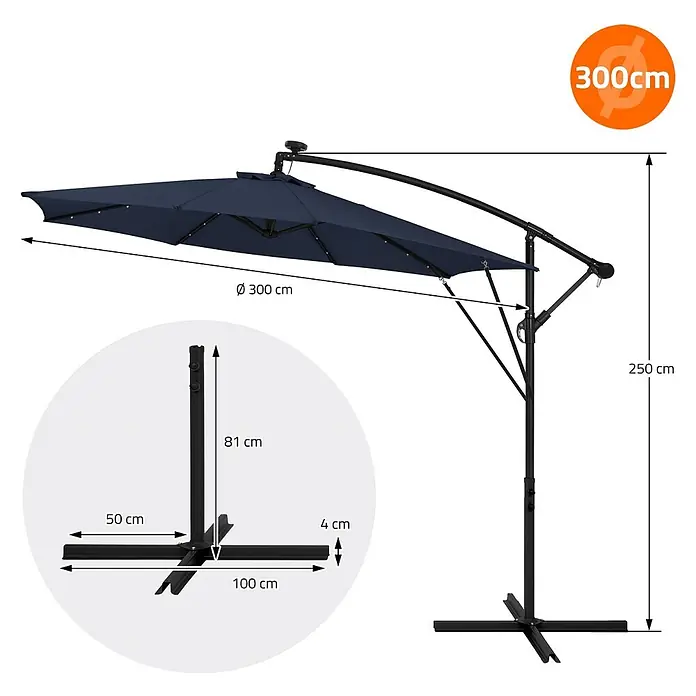 ML-Design Ampelschirm rund Gartenschirm UV50+ Sonnenschutz wasserabweisend 360° drehbar & neigbar - Blau, Durchmesser Bespannung: 300 cm - Dunkelblauer Ampelschirm mit schwarzem Metallgestell und Kreuzfuß, mit Solarleuchten. Gesamthöhe 250cm, Schirmdurchmesser 300cm.