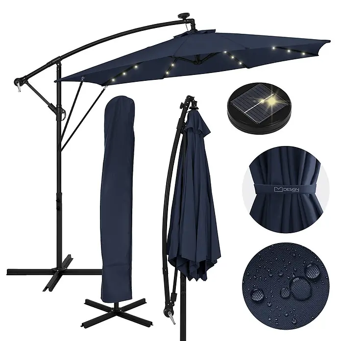 ML-Design Ampelschirm rund Gartenschirm UV50+ Sonnenschutz wasserabweisend 360° drehbar & neigbar - Blau, Durchmesser Bespannung: 300 cm - Marineblauer Freiarmschirm mit Solar-LED-Beleuchtung, Schutzhülle und wasserabweisendem Stoff.