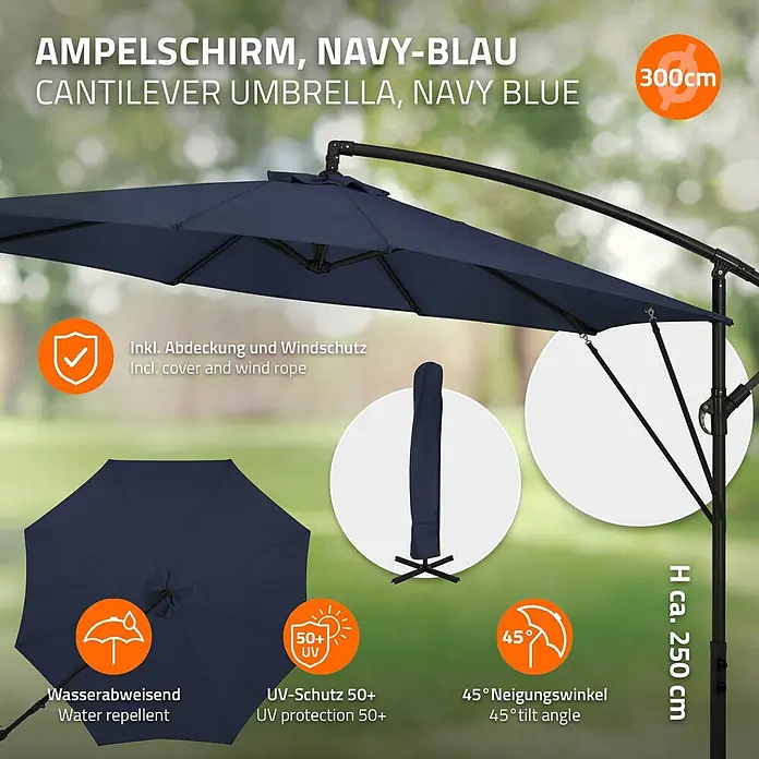 ML-Design Ampelschirm rund Gartenschirm UV50+ Sonnenschutz wasserabweisend 360° drehbar & neigbar - Blau, Durchmesser Bespannung: 300 cm - Marineblauer 300 cm Ampelschirm mit UV 50+ Schutz, wasserabweisend, 45° Neigung. Inkl. Abdeckung. Höhe 250 cm.
